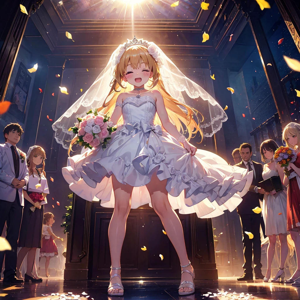 (Masterpiece, Top Quality) (Wedding), A girl stands with a bouquet of flowers. A girl throws a bouquet of flowers in front of her, many women in dresses reach out to grab the bouquet, BREAK 5 years old, (Youth: 1.8), Loli, Small breasts, (Blonde, (Super) long hair):1.3), red eyes, heart necklace, (tareme:1.3), smile, (half) -eyes closed: 1.1), heavy breathing, open mouth, BREAK wedding dress, (wedding veil: 1.2), Short dress, backless dress, ruffled dress, (ruffles: 1.3), petticoat, bare feet, high heels, BREAK wedding hall entrance, confetti, sunlight, (crowd: 1.2),