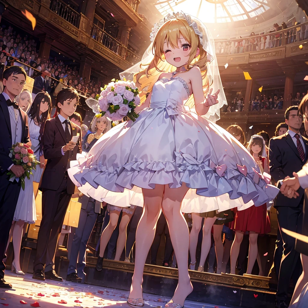 (Masterpiece, Top Quality) (Wedding), A girl stands with a bouquet of flowers. A girl throws a bouquet of flowers in front of her, many women in dresses reach out to grab the bouquet, BREAK 5 years old, (Youth: 1.8), Loli, Small , (Blonde, (Super) long hair):1.3), red eyes, heart necklace, (tareme:1.3), smile, (half) -eyes closed: 1.1), heavy breathing, open mouth, BREAK wedding dress, (wedding veil: 1.2), Short dress, backless dress, ruffled dress, (ruffles: 1.3), petticoat,  feet, high heels, BREAK wedding hall entrance, confetti, sunlight, (crowd: 1.2),

