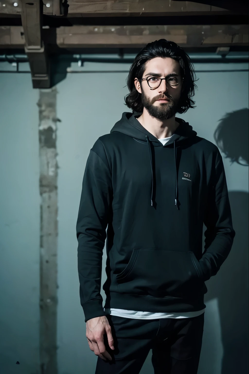 Masterpiece, Best Quality, Ultra-Detailed, 1man, 30 years old, pale skin, skinny, very skinny, lean, slender, gaunt, scrawny, light blue eyes, blue eyes, glasses, (black hair:1.0), long hair, light beard, black hoodie, black pants, hands in pockets, looking side, looking down, shy expression, half body shot, military basement background  