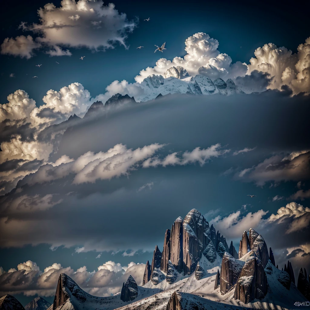 A majestic dark mountain, a lone white dove soaring in the background, (best quality,4k,8k,highres,masterpiece:1.2),ultra-detailed,(realistic,photorealistic,photo-realistic:1.37),dramatic lighting, dramatic sky, cinematic composition, intricate details, seamless blend of realism and fantasy, muted color palette, chiaroscuro lighting, moody atmosphere