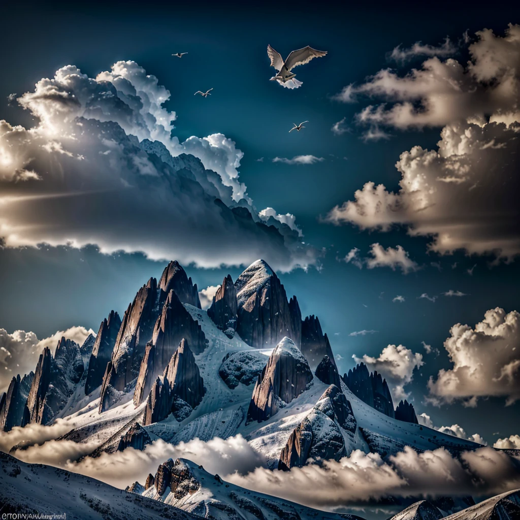 A majestic dark mountain, a lone white dove soaring in the background, (best quality,4k,8k,highres,masterpiece:1.2),ultra-detailed,(realistic,photorealistic,photo-realistic:1.37),dramatic lighting, dramatic sky, cinematic composition, intricate details, seamless blend of realism and fantasy, muted color palette, chiaroscuro lighting, moody atmosphere
