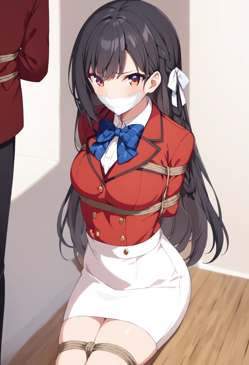 suzunehorikita, suzune horikita, long hair, black hair, (red eyes:1.3), hair ribbon, braid,
BREAK bow, , jacket, bowtie, blue bowtie, blazer, (red blazer:1.5), skirt, long white skirt, pencil skirt, high-waist skirt
BREAK indoors, classroom,
BREAK looking at viewer, (cowboy shot:1.5),
BREAK (masterpiece:1.2), best quality, high resolution, unity 8k wallpaper, (illustration:0.8), (beautiful detailed eyes:1.6), extremely detailed face, perfect lighting,shoes, extremely detailed CG, (perfect hands, perfect anatomy),bound with an excessive amount of ropes), (bound wirsts), (arms behind back), (tapegag, tape gag), dramatic,  (looking at viewer), (detailed pupils:1.3)
 masterpiece, (best quality), perfect eyes, bound, bondage, (arms behind back:1.4), bdsm, tape gag, rope, rope bondage, close-up, restrained,curled up, best anatomy, full body, standing