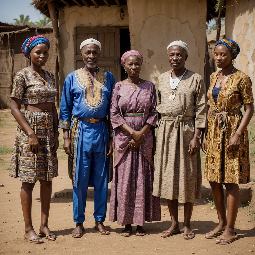 A dignified elderly man, Malik, aged 54, with a wise and kind expression, standing before three women in a traditional African village, with cultural ornaments and vibrant fabrics, in 16:9 dimension