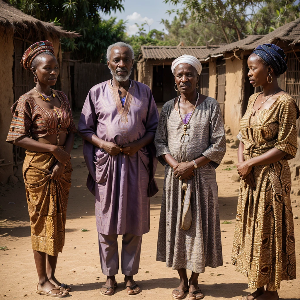 A dignified elderly man, Malik, aged 54, with a wise and kind expression, standing before three women in a traditional African village, with cultural ornaments and vibrant fabrics, in 16:9 dimension