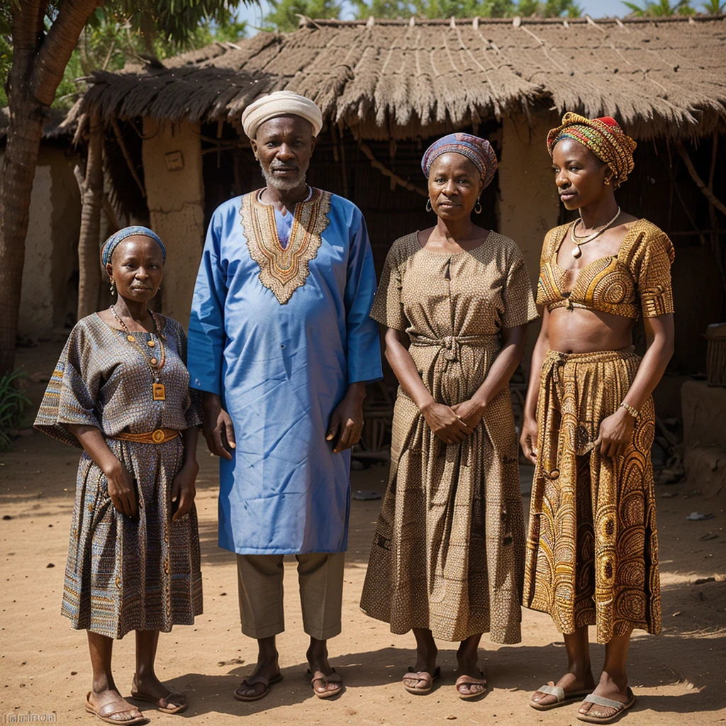 A dignified elderly man, Malik, aged 54, with a wise and kind expression, standing before three women in a traditional African village, with cultural ornaments and vibrant fabrics, in 16:9 dimension