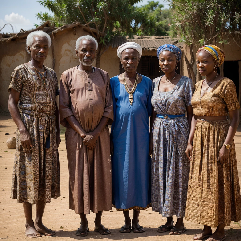A dignified elderly man, Malik, aged 54, with a wise and kind expression, standing before three women in a traditional African village, with cultural ornaments and vibrant fabrics, in 16:9 dimension