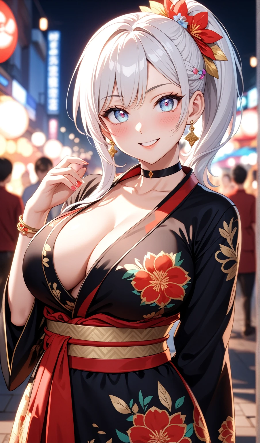 (One personの女性)), Beautiful Face, (Laughing embarrassedly), ((smirk)), ((Wink:1.8)),  Laugh with your mouth wide open,((Bright red cheeks:1.4)),Shiny red lips, night,rooftop,Festivals, firework,Glossy pink lips,Facial lighting,((Anime style background)),masterpiece, Highest quality, so beautiful,up to date, Complex details, (peace), (Pink long nails), (ring),(bracelet),(choker),AI-generated, Complex,High resolution, Highest quality, super high quality,3D Images、3D Images,One person,Long white hair in a side high ponytail,(blue eyes),  ((Fine grain、Silvery white colorful eyes、Shining Eyes:1.43), (Squint your eyes:1.1), Anime woman posing for a photo, a hyperRealistic , hyperRealistic , Realistic,Anime woman with long white hair, Smooth anime CG art, A woman in a colorful kimono with gold embroidery, (Black long sleeve kimono),  Red floral pattern,Long flower hair ornament,Earrings,Mature Body,(Big Breasts:1.1),Tall,Abdominal muscles,Narrow waist,(Zoom in on face:1.4), (front view),