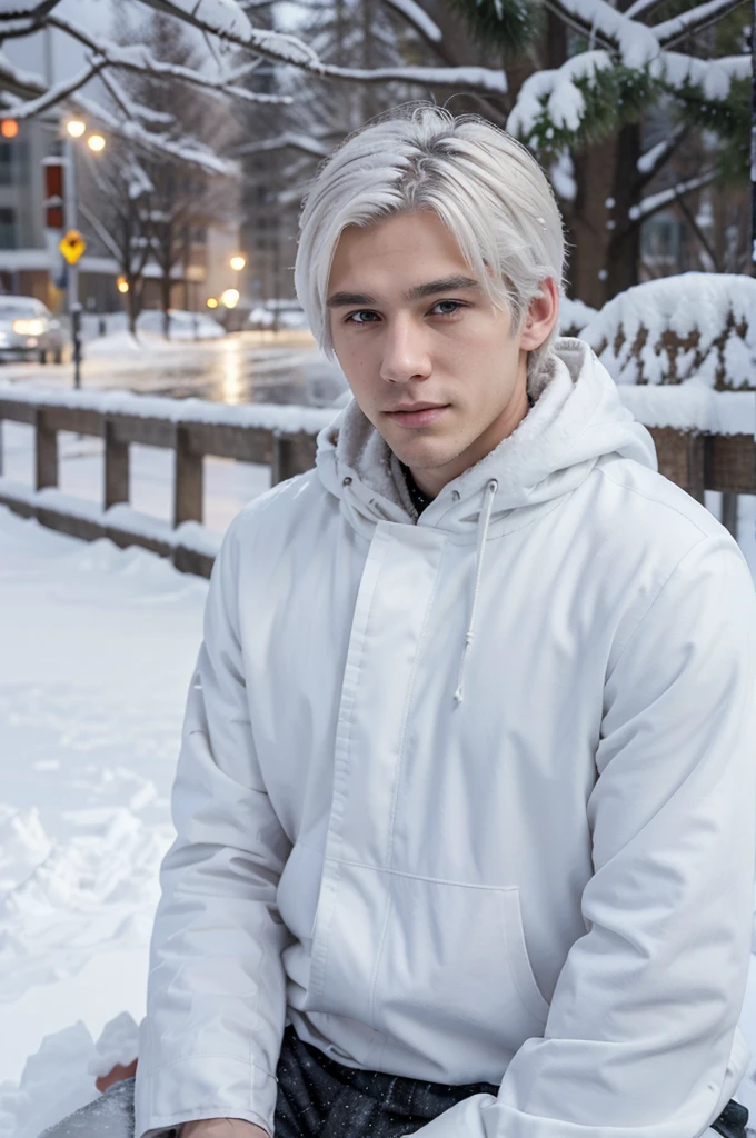 make the anime version of a handsome, white-haired young man dying sitting in the cold snow