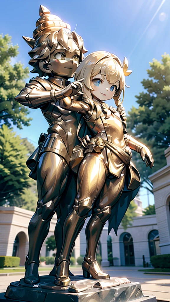 一个男孩的Gold statue旁边停着一只燕子。王子的Gold statue，Prince style，Prince costume，Court dress，Gold statue，男孩的Gold statue，带着黄金冠冕的Gold statue，脚边停着一只燕子的Gold statue，Golden Boy Statue，Gold statue，Cute boy，British style，Victorian style，crown，crown，Golden Boy Sculpture，Golden Boy Statue，Gold statue，Gold statue，Giant golden statue，Giant golden statue，Outdoor Background，Smiling statue，Close-up shot from waist up
