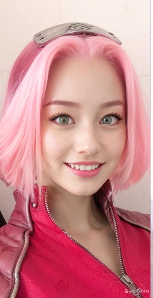 young woman pale skin, long bubblegum pink hair, pink eyebrows, big jade green eyes, buttoned nose, peach lips, small breasts, wide forehead, flower and butterfly kimono, Sakura Haruno, realistic, 3d