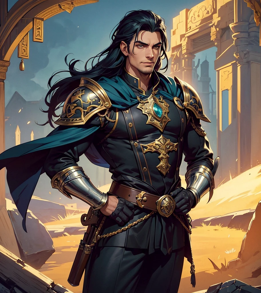 (((Solo character image.))) (((Generate a single character image.))) (((He is the sexiest man in town with a great body and a risque outfit.))) Amazingly handsome, sexy and sexually appealing male character. (((Shoulder length sexy hair.))) (((Wearing a fantasy style vest.))) Create an alluring male fantasy character for a thrilling fantasy role-playing game, reminiscent of the captivating male protagonists found in Suyo's renowned webcomic, 'This Guy.' Imagine a dashing figure with a perfect blend of strength and charm, standing tall at 6'2" with a well-defined, athletic physique. His striking emerald green eyes gleam with an air of mystery, framed by long, jet-black lashes that accentuate their depth.
His flowing ebony hair, with subtle azure highlights, cascades down to his shoulders, giving him an enigmatic aura. His chiseled jawline, lightly dusted with a five o'clock shadow, adds to his rugged appeal. A mischievous grin plays upon his lips, hinting at his charismatic and confident personality.
Adorned in intricately designed armor, he exudes regal elegance with a hint of rebellion. His chestplate, etched with ancient symbols, glistens in the sunlight, contrasting beautifully with the rich cobalt cloak billowing behind him. His gauntlets bear ornate engravings, each telling a story of his heroic adventures.
Around his waist, a belt holds a plethora of concealed tools and pouches, a testament to his resourcefulness. Leather boots, polished to a high shine, complete his formidable yet captivating look. A scabbard, housing a masterfully crafted sword with an intricate hilt, rests comfortably at his side.
This fantasy character possesses an irresistible magnetism that draws people in, making him a charismatic leader and a heartthrob among allies and foes alike. He is a symbol of courage, adventure, and unyielding determination, inspiring countless tales of heroism in the world of the game.