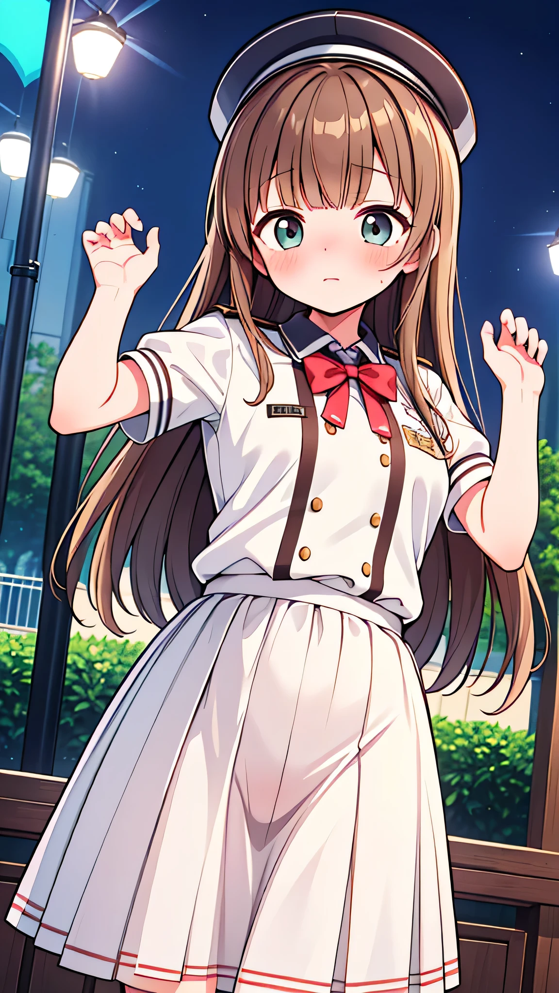 {Highest quality], [Super beautiful], [Ultra fine], [Best illustration], NSFW,Brown Hair, Hime cut, Long Hair, With bangs, girl, Uniform cap,Security uniform,Embarrassed,blush, Slender women,Short sleeve,Long straight skirt, Adult women,(Public）Night Park, Strike a Pose,Woman Close-up