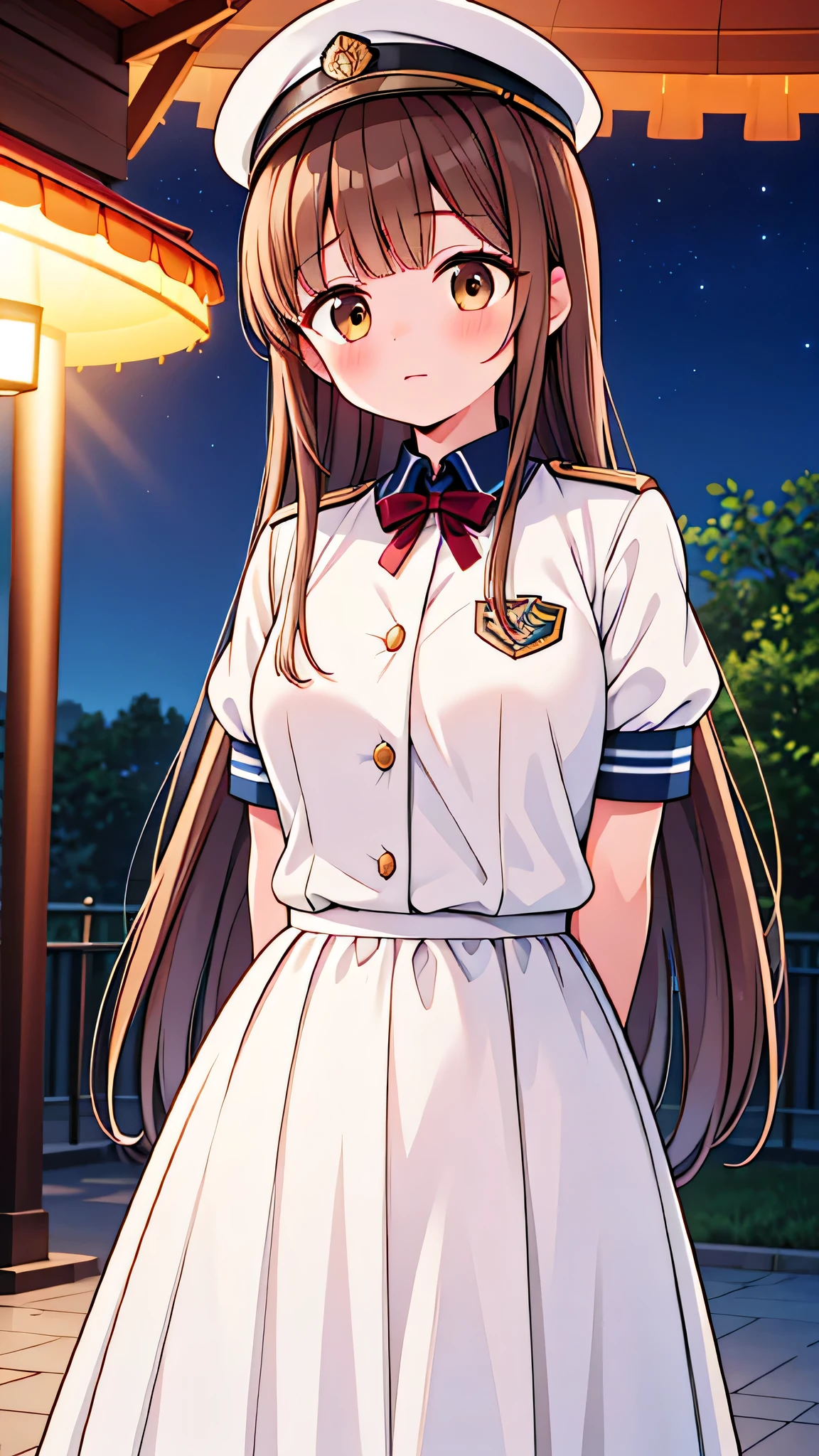 {Highest quality], [Super beautiful], [Ultra fine], [Best illustration], NSFW,Brown Hair, Hime cut, Long Hair, With bangs, girl, Uniform cap,Security uniform,Embarrassed,blush, Slender women,Short sleeve,Long straight skirt, Adult women,(Public）Night Park, Strike a Pose,Woman Close-up