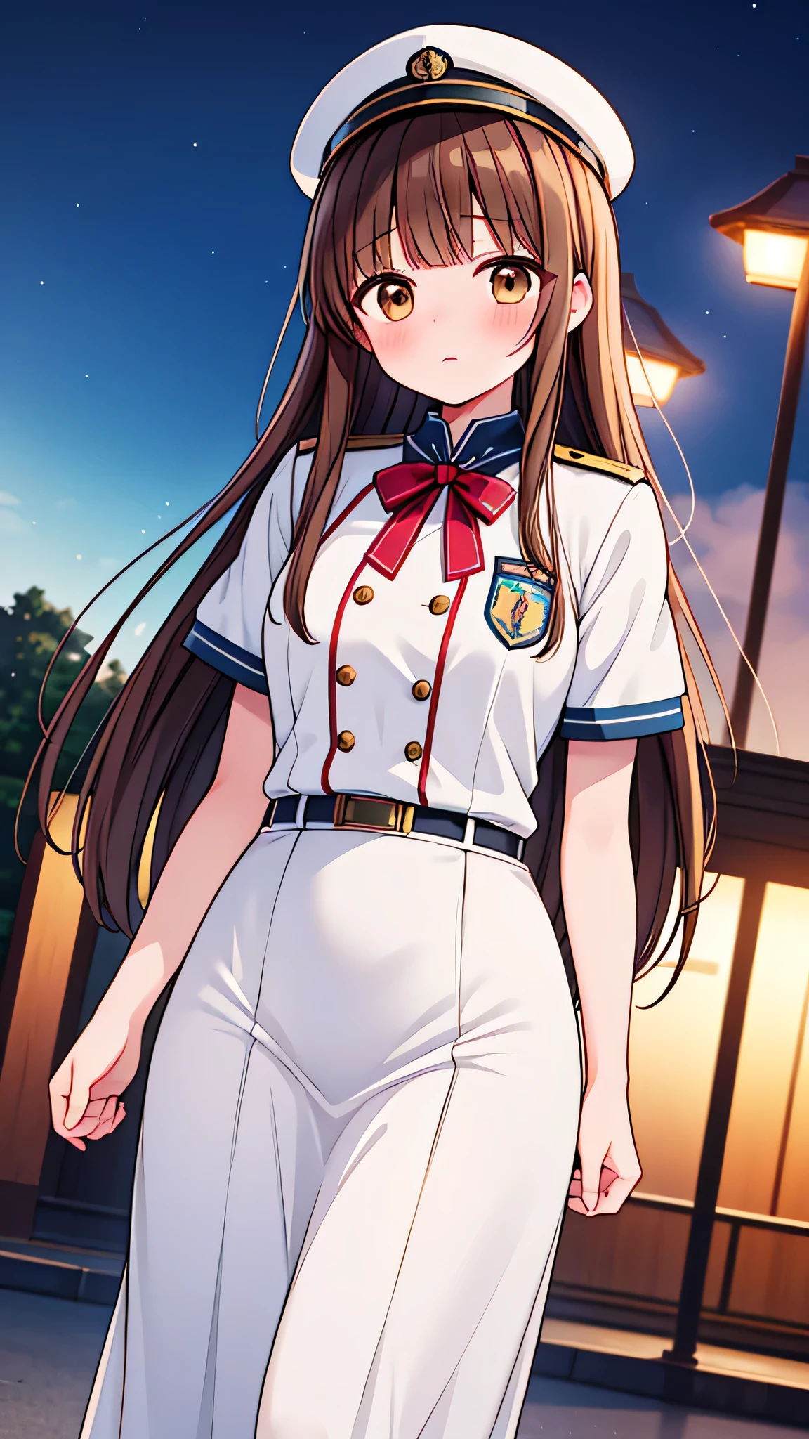 {Highest quality], [Super beautiful], [Ultra fine], [Best illustration], NSFW,Brown Hair, Hime cut, Long Hair, With bangs, girl, Uniform cap,Security uniform,Embarrassed,blush, Slender women,Short sleeve,Long straight skirt, Adult women,(Public）Night Park, Strike a Pose,Woman Close-up