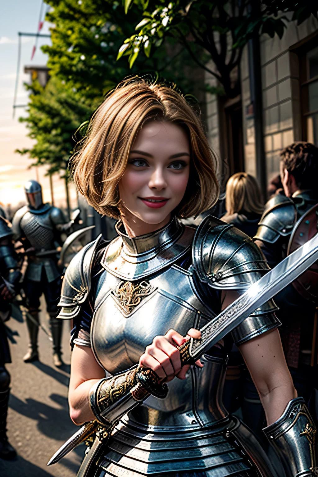 (masterpiece, photorealistic:1.4, extremely intricate:1.3, radiosity, photon mapping, dtx), ((20 year old athletic teenage supermodel, (smiling, happy, long eyelashes, makeup:1.0), (((renaissance armor:1.4, black chrome perfectchainmail, gold filigree breastplate, (arm raised wielding sword)))), red lips)), ((([skin detail:freckles:0.6], portrait, humid, glistening closeup))), outdoor, medieval crowded street, faraway horses, professional photograph, (((short bob [black hair:ginger hair:0.2])), wind), BREAK ((sunset), bokeh)