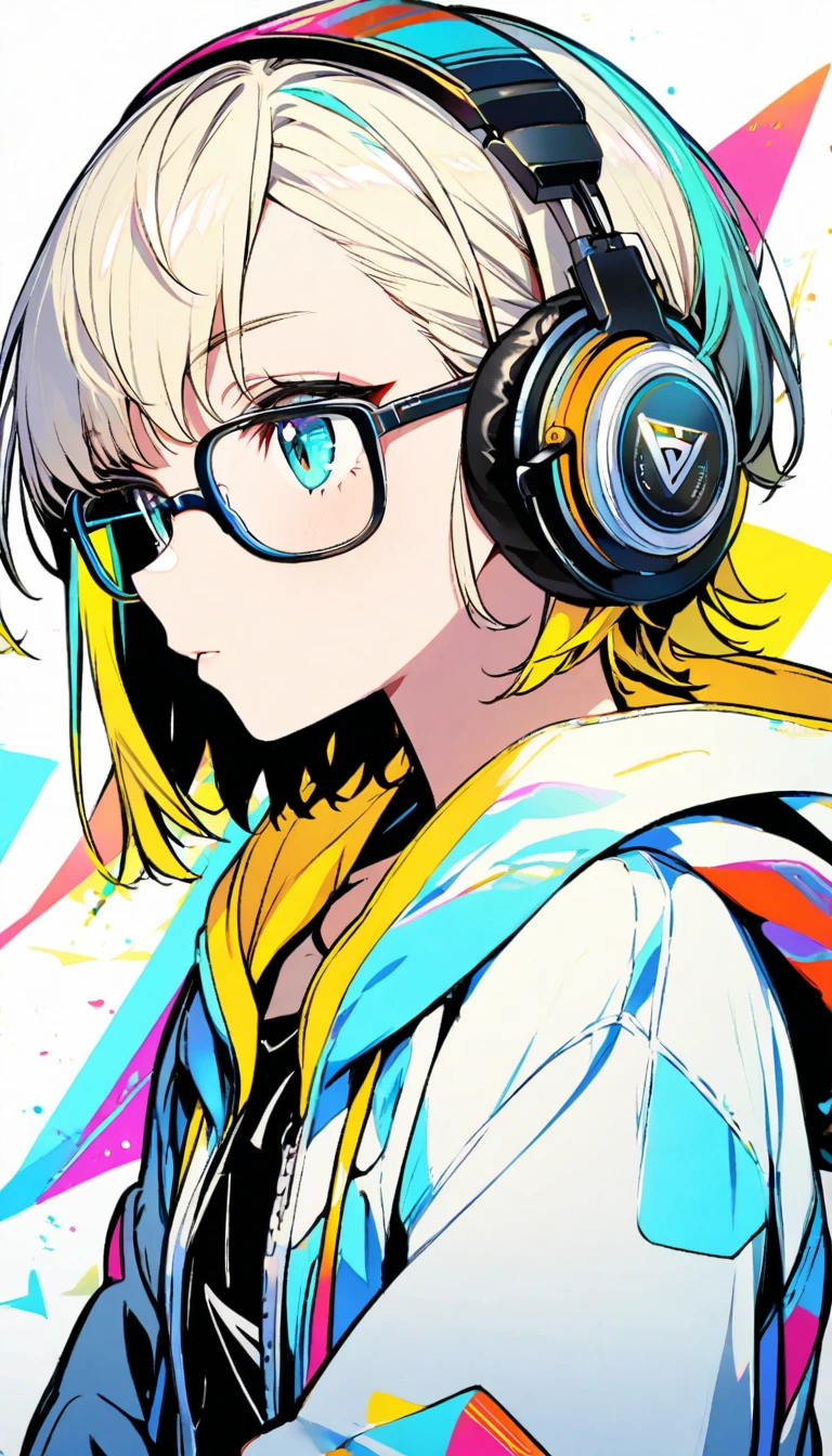 1girl, boyish, facial profile, wearing glasses, aqua eyes, blond hair, short hair, colorful inner hair, headphone, hoodie