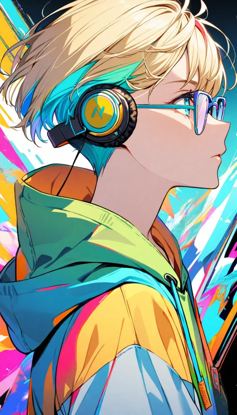 1girl, boyish, facial profile, wearing glasses, aqua eyes, blond hair, short hair, colorful inner hair, headphone, hoodie