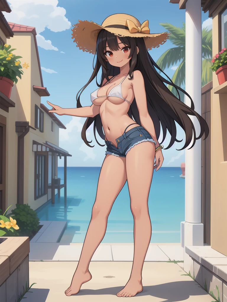 girl，（masterpiece，Highest quality），Street，((Brown Skin))，(Completely naked)，Bare shoulders、hat、Gal，Brown eyes、Black Hair、smile、passionate、hat、Swimwear，long hair、(Underboob)，Cleavage，Micro Camisole、looking at the camera、shoeicro Mini Denim Shorts，solo、Are standing、barefoot，Swimwear，