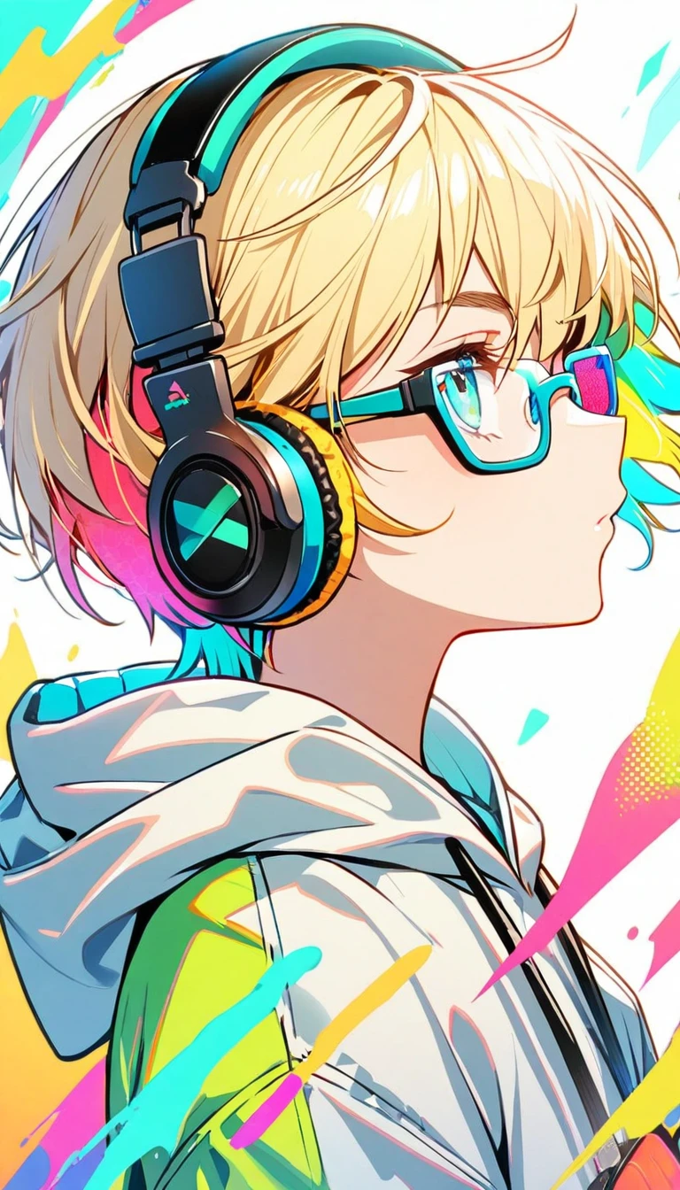 1girl, boyish, facial profile, wearing glasses, aqua eyes, blond hair, short hair, colorful inner hair, headphone, hoodie