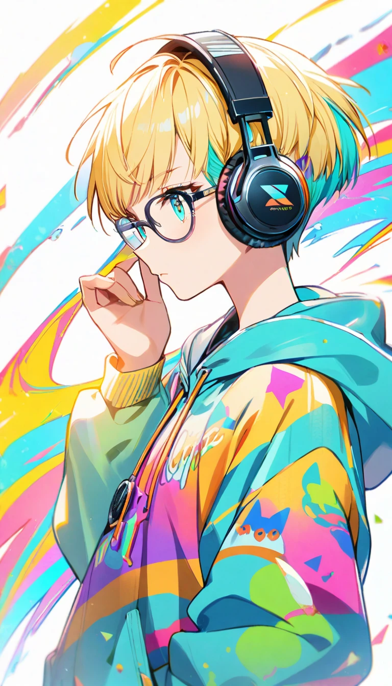 1girl, boyish, facial profile, wearing glasses, aqua eyes, blond hair, short hair, colorful inner hair, headphone, hoodie