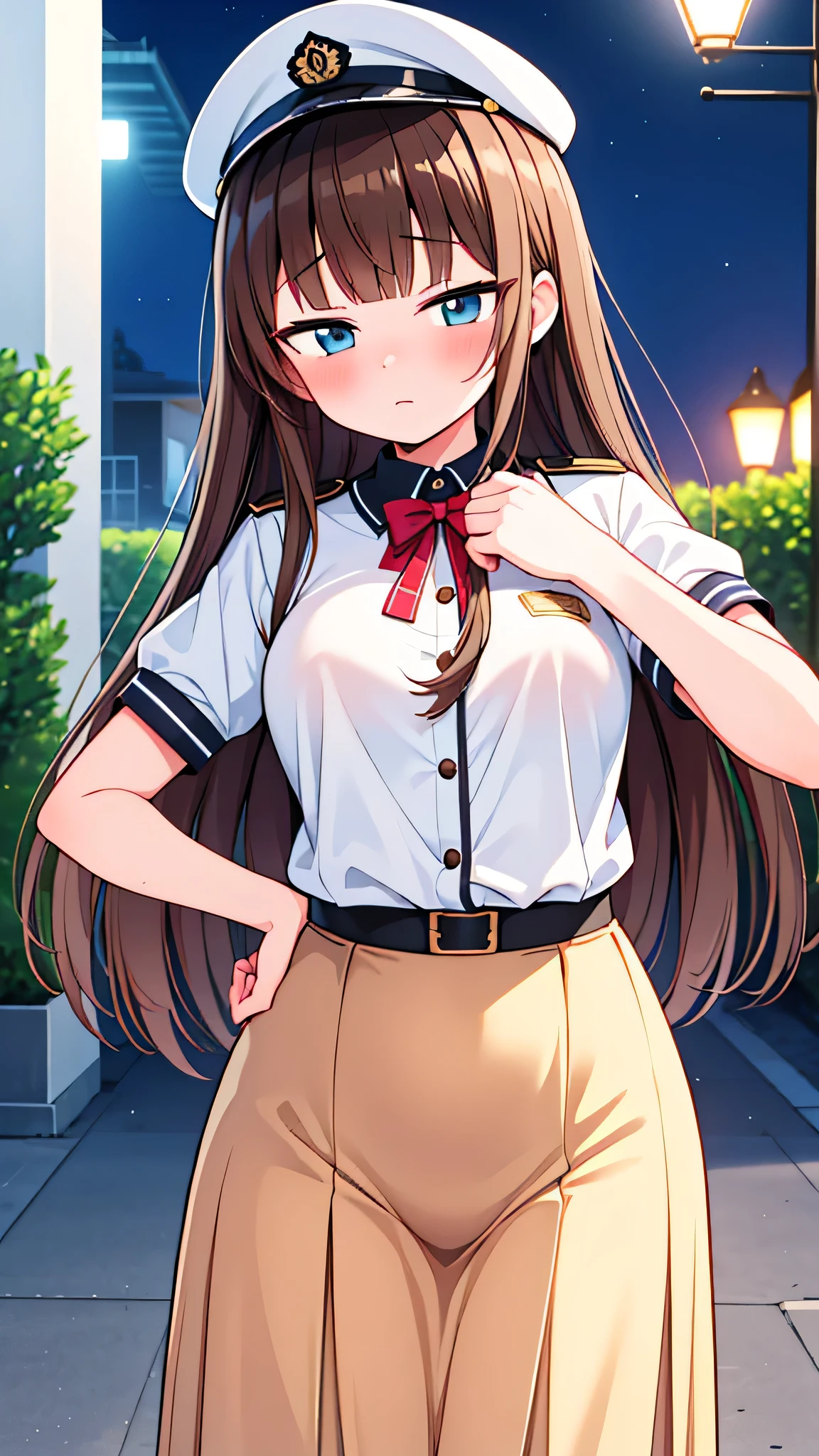 {Highest quality], [Super beautiful], [Ultra fine], [Best illustration], NSFW,Brown Hair, Hime cut, Long Hair, With bangs, girl, Uniform cap,Security uniform,Embarrassed,blush, Slender women,Short sleeve,Long straight skirt, Adult women,(Public）Night Park, Strike a Pose,Woman Close-up