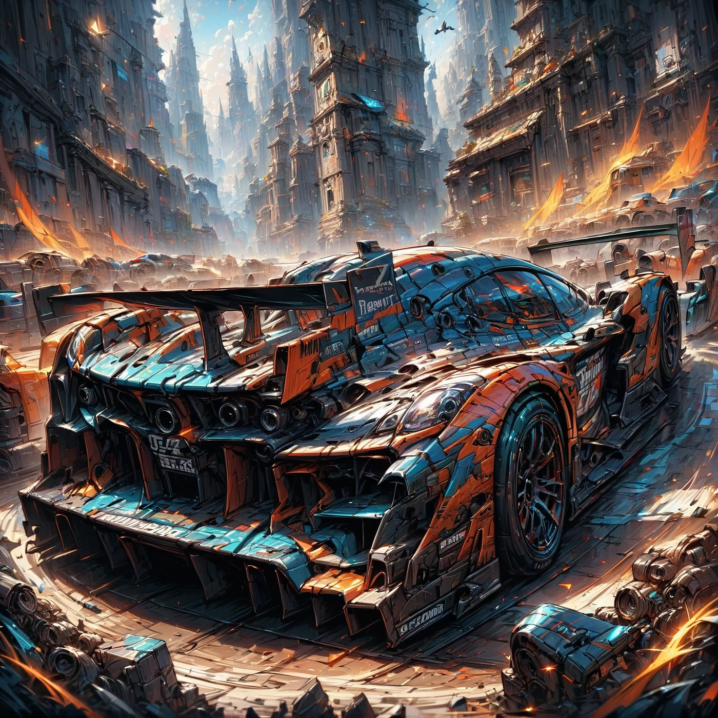 Racing Car, By Dan Mumford, (Highest quality, masterpiece, Perfect composition, so beautiful, Super detailed, Intricate details:1.3)