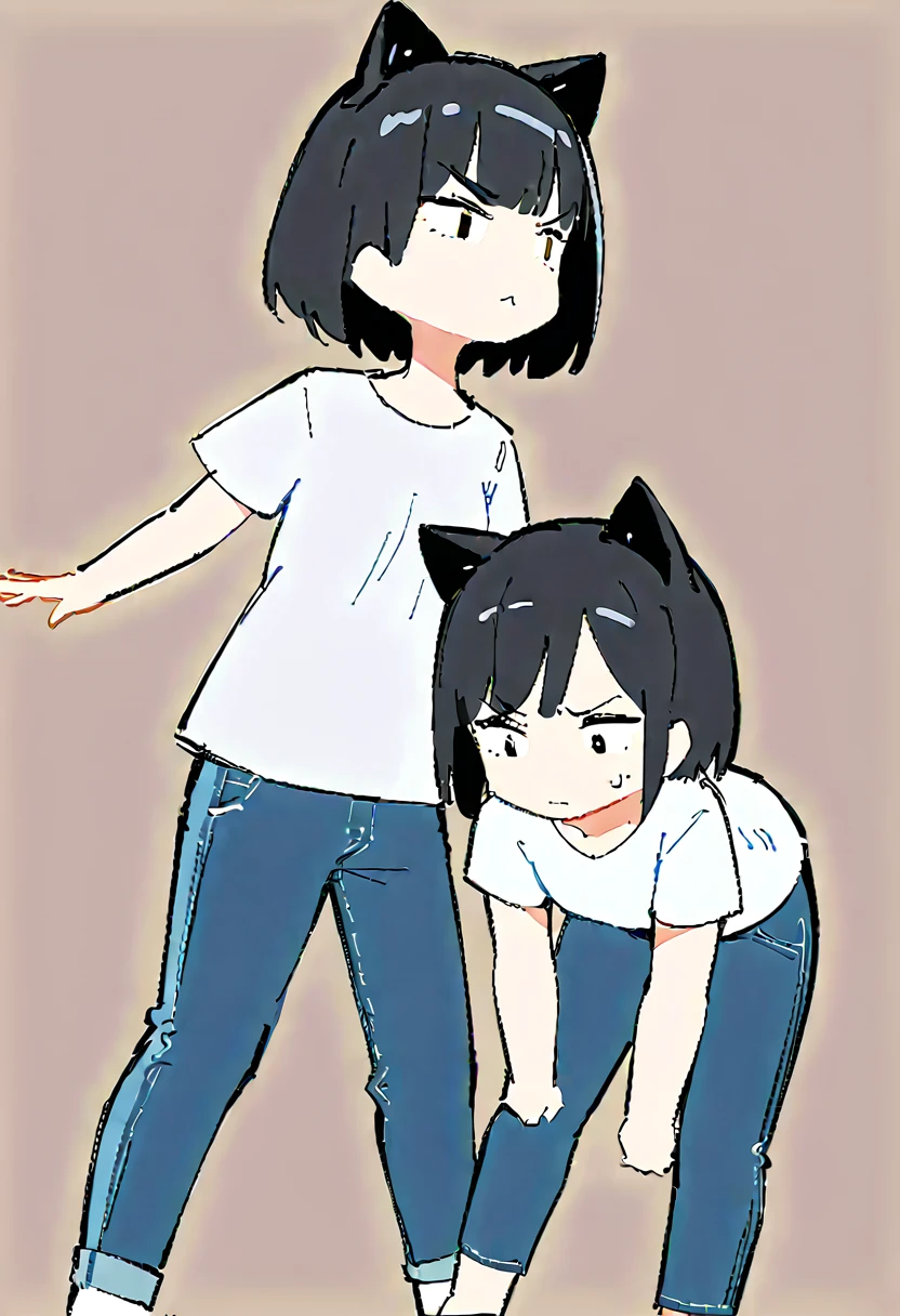 The background is a school classroom,(((Dynamic pose))),((Troubled expression)) ,(Thick painting style),Bold line, ((masterpiece,)),(((Highest quality))),(sketch),((Girls in their 20s)),Short black hair,Black cat ears,T-Shirts,jeans