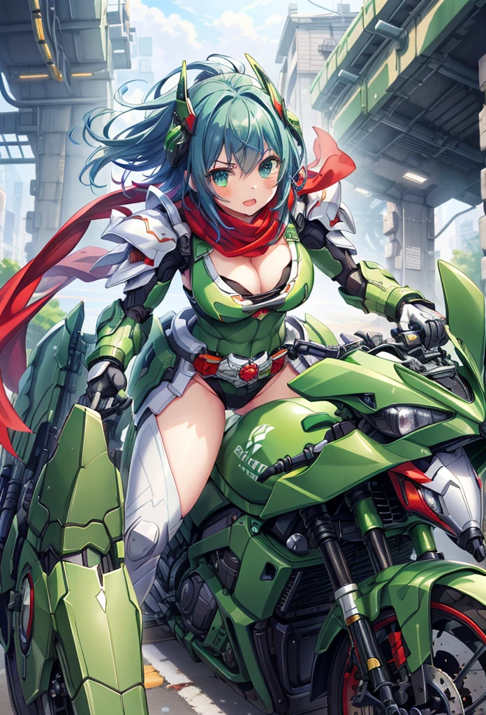 (masterpiece:1.2), best quality, high resolution, extremely detailed CG, absurdres, highres,1girl, solo, black and green powersuit, white armor, on a cyber motorcycle, thighs, cleavage, blue_hair, red_scarf, mecha_armored, mecha_belt, headgear