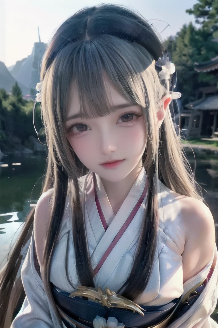 best quality, masterpiece, highres,, 1girl, Detailed face, (Upper body:1.6), Cyber cities, mountains and rivers, night, firefly lights, Realistic, rich in detail, (White hanfu:1.2), (beautiful body:1.4),