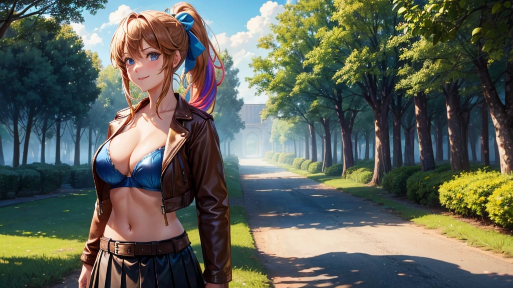 1girl, solo, full body, summer, village, trees, sun, clouds, ((colorful hair)), ponytail, large full breasts, ((brown leather jacket)), ((blue bra)), nipples, blue eyes, skirt, smile, looking at the viewer, standing, hair ribbon, golden necklate