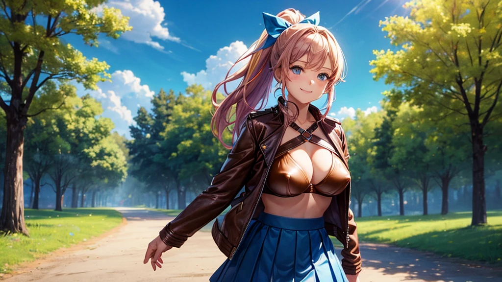 1girl, solo, full body, summer, village, trees, sun, clouds, ((colorful hair)), ponytail, large full breasts, ((brown leather jacket)), ((blue bra)), nipples, blue eyes, skirt, smile, looking at the viewer, standing, hair ribbon, golden necklate