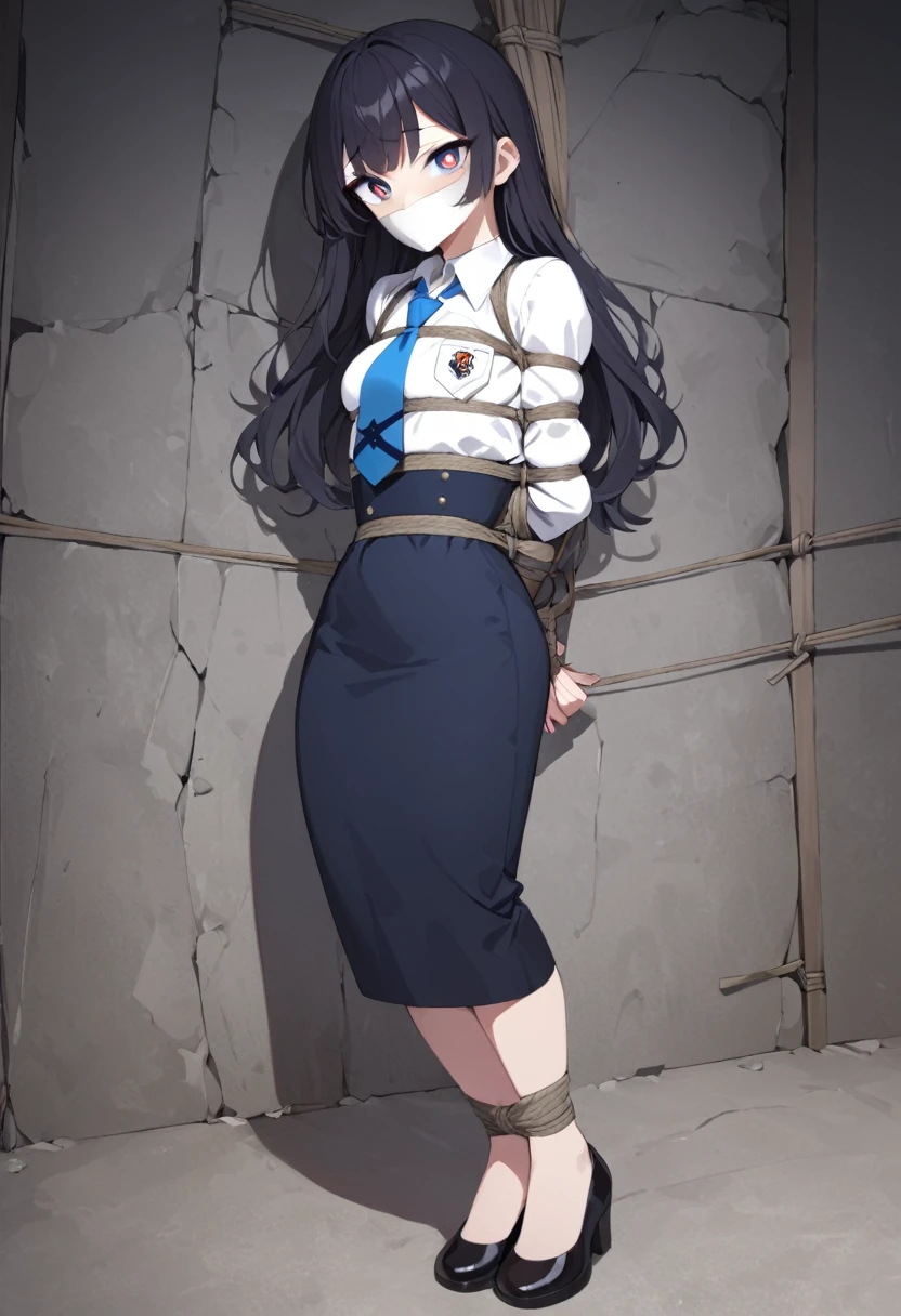 she is wearing a  consisting of a white long-sleeved shirt with a blue tie and a blue skirt. The shirt has several patches,including a red and white flag on the left side and a school emblem on the pocket,black hair, long hair , long blue skirt, long skirt, high-waist skirt, pencil skirt,shoes,bound with an excessive amount of ropes), (bound wirsts), (arms behind back), (tapegag, tape gag), dramatic, (looking at viewer), (detailed pupils:1.3) masterpiece, (best quality), perfect eyes, bound, bondage, (arms behind back:1.4), bdsm, tape gag, rope, rope bondage, close-up, restrained,curled up, best anatomy, full body, standing