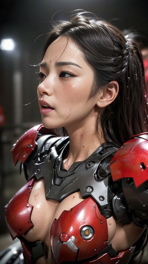Rough skin, Very detailed, Advanced Details, high quality, 最high quality, High resolution, 1080P 、、Red Armor、Wearing red and black、cute((During a break))(破損したwoman用ロボットスーツを着用...)(Red Armor)(Broken Armor)Black Hair、、Soaking wet、Soaked Face Beautiful Face、Hot look knock down、よだれing from the mouth、woman (Steam coming out of the face) ((Steam from the body)) Filming location I can see the vagina To be released look up Remove head gear