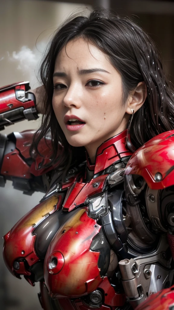 Rough skin, Very detailed, Advanced Details, high quality, 最high quality, High resolution, 1080P 、、Red Armor、Wearing red and black、cute((During a break))(破損したwoman用ロボットスーツを着用...)(Red Armor)(Broken Armor)Black Hair、、Soaking wet、Soaked Face Beautiful Face、Hot look knock down、よだれing from the mouth、woman (Steam coming out of the face) ((Steam from the body)) Filming location I can see the vagina To be released look up Remove head gear