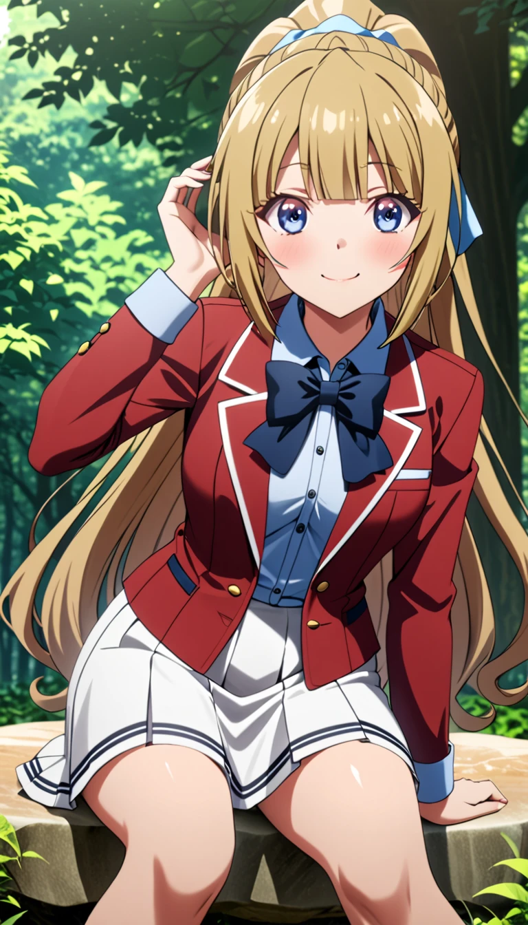 masterpiece, best quality, highres, ponytail hair, (single braid:1.2), hair ribbon, red blazer,buttoned blazer, blue bowtie, long sleeves, white skirt,smile,closed mouse,sitting on stone ,in forest park,score_9, score_8_up, score_7_up, score_6_up, source_anime 