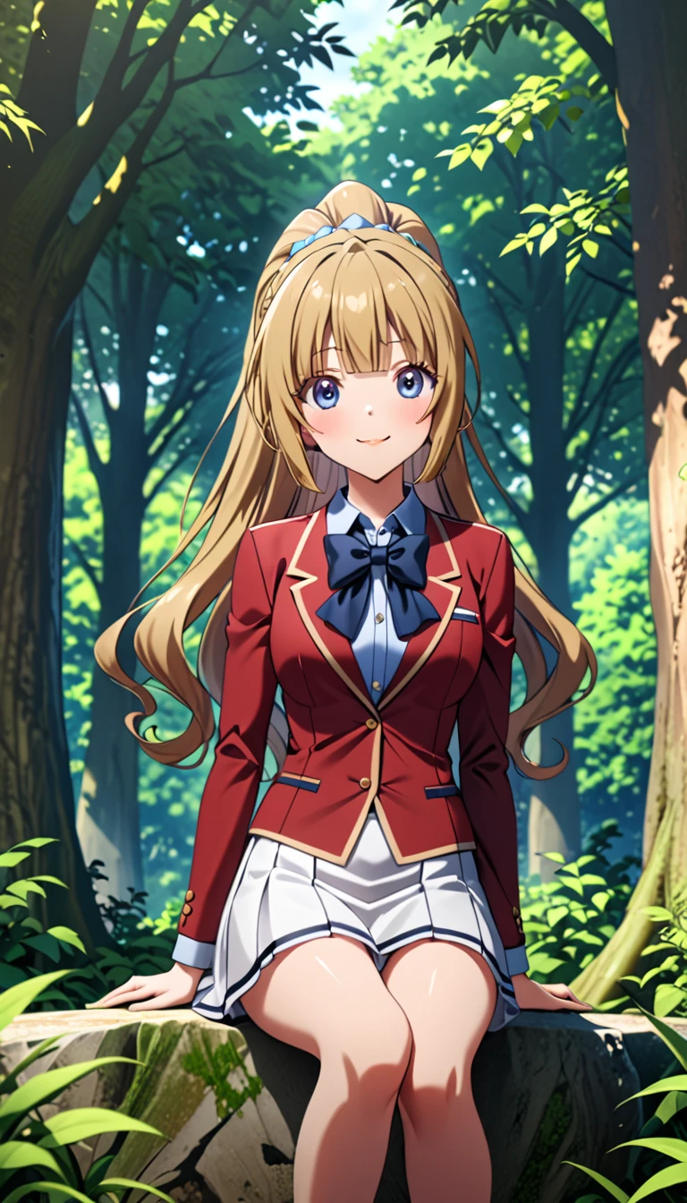 masterpiece, best quality, highres, ponytail hair, (single braid:1.2), hair ribbon, red blazer,buttoned blazer, blue bowtie, long sleeves, white skirt,smile,closed mouse,sitting on stone ,in forest park,score_9, score_8_up, score_7_up, score_6_up, source_anime