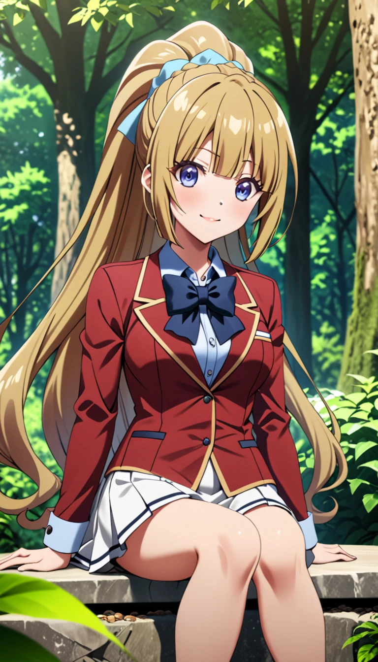masterpiece, best quality, highres, ponytail hair, (single braid:1.2), hair ribbon, red blazer,buttoned blazer, blue bowtie, long sleeves, white skirt,smile,closed mouse,sitting on stone ,in forest park,score_9, score_8_up, score_7_up, score_6_up, source_anime