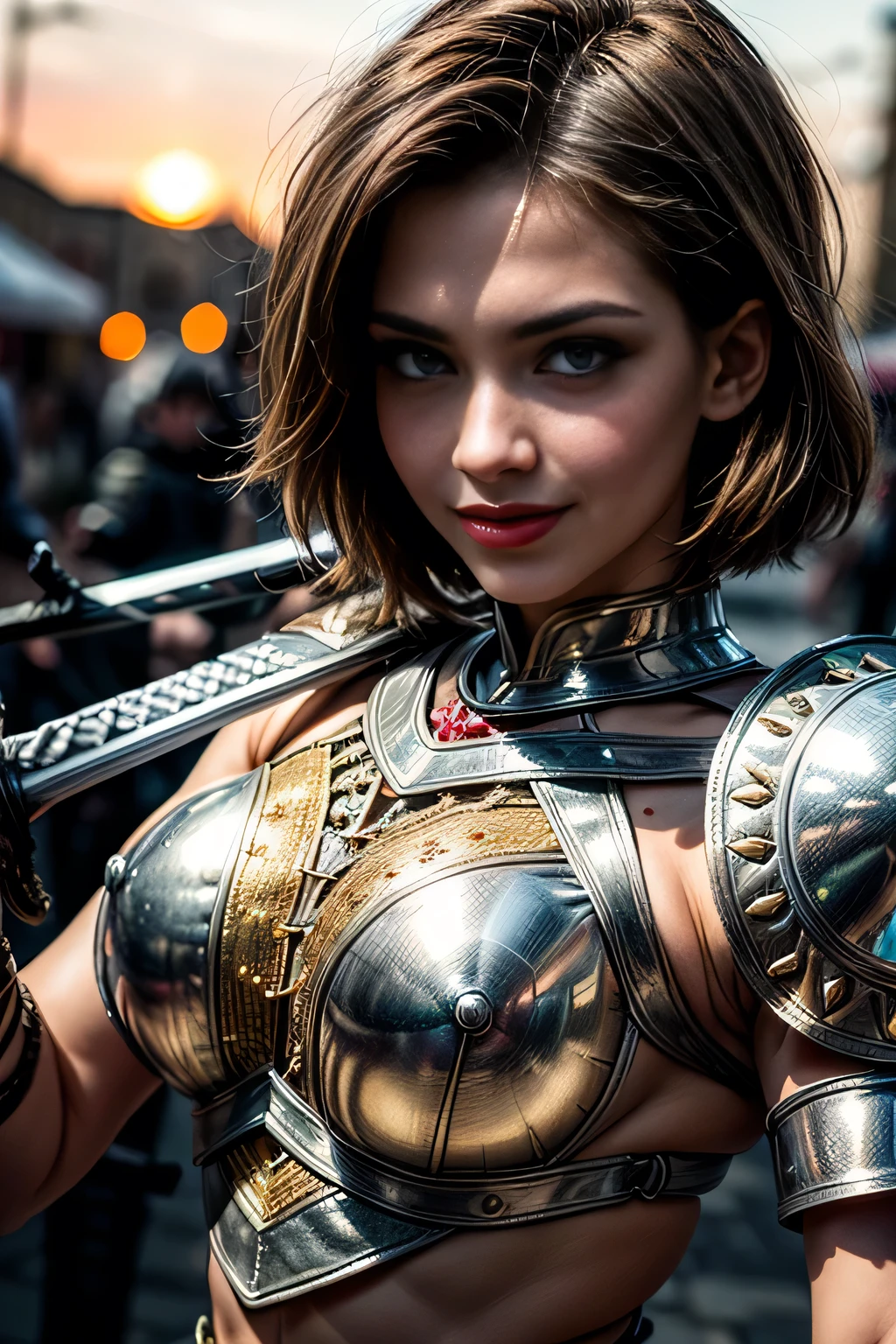 (masterpiece, photorealistic:1.4, extremely intricate:1.3, radiosity, photon mapping, dtx), ((20 year old athletic teenage supermodel, (smiling, happy, long eyelashes, makeup:1.0), (((renaissance armor:1.4, black chrome perfectchainmail, gold filigree breastplate, (arm raised, sword)))), red lips)), ((([skin detail:freckles:0.6], portrait, humid, glistening closeup))), outdoor, medieval crowded street, faraway horses, professional photograph, (((short bob [black hair:ginger hair:0.2])), wind), BREAK ((sunset, ((film grain))), bokeh), BREAK, ((([medium breasts:large breasts:0.8])))