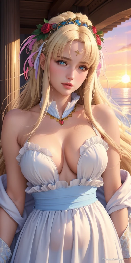 (best quality, ultra-detailed, photorealistic: 1.39), bright and vibrant colors, studio lighting, romantic expression, masterpiece, goddess Aphrodite, goddess of love, dressed in delicate fabric for her seductive body,  blue eyes, long light blonder hair, sunset, Beautiful and sensual sexy, romantic scenery with professional light full of brilliant details