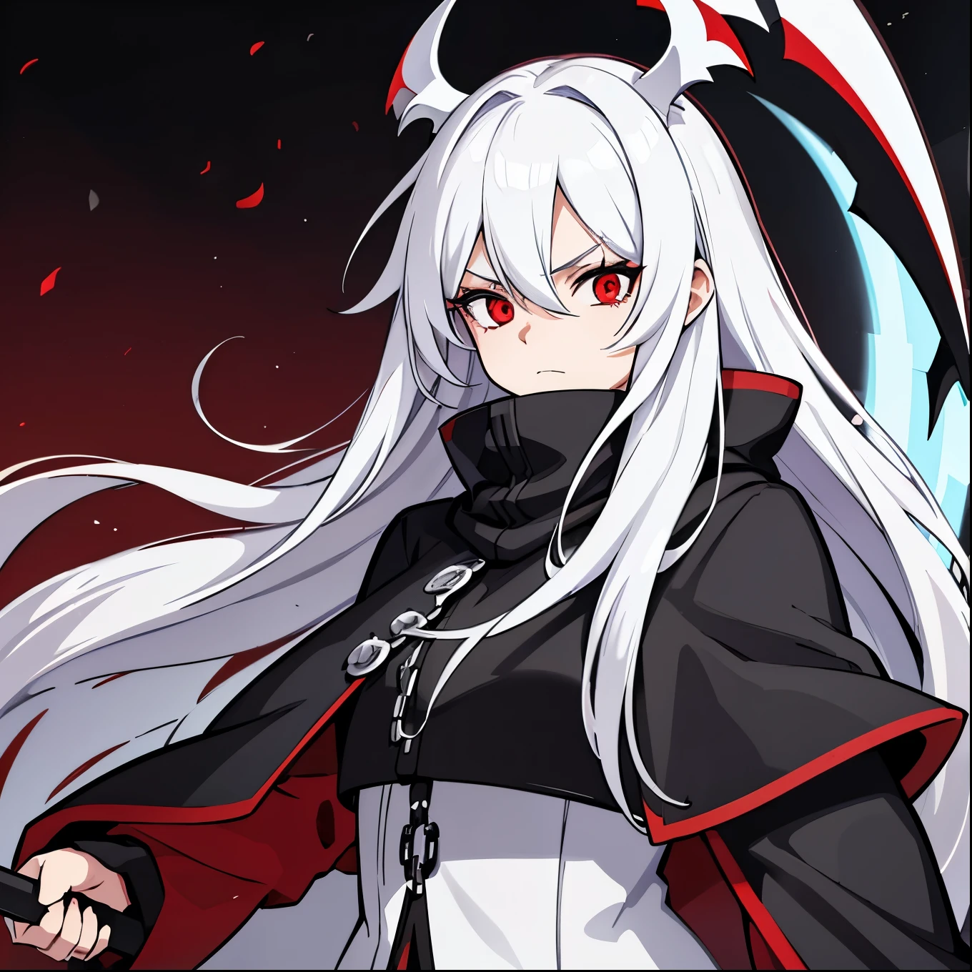 upper body, 1woman, White hair, Long Haired, Red eyes, (Grim Reaper), Black Long Cape, Black Large Scythe, tunic, big breats, wallpaper, Chain background, light particles, (masterpiece), best quality, closed-mouth