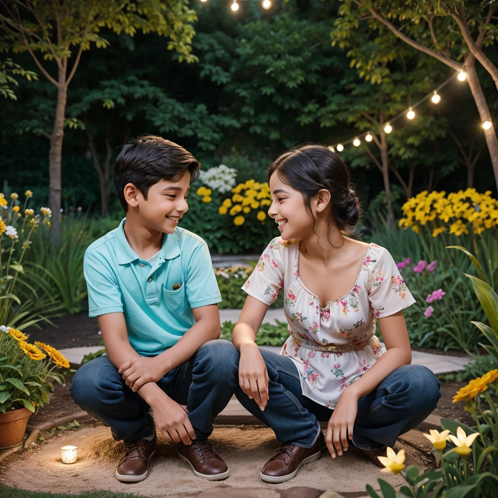 make  image of 4 year boy and 4 year girl talking each other happily in garden  seating separately infront of each other on ground with glow on face and surrounding with  flowers 