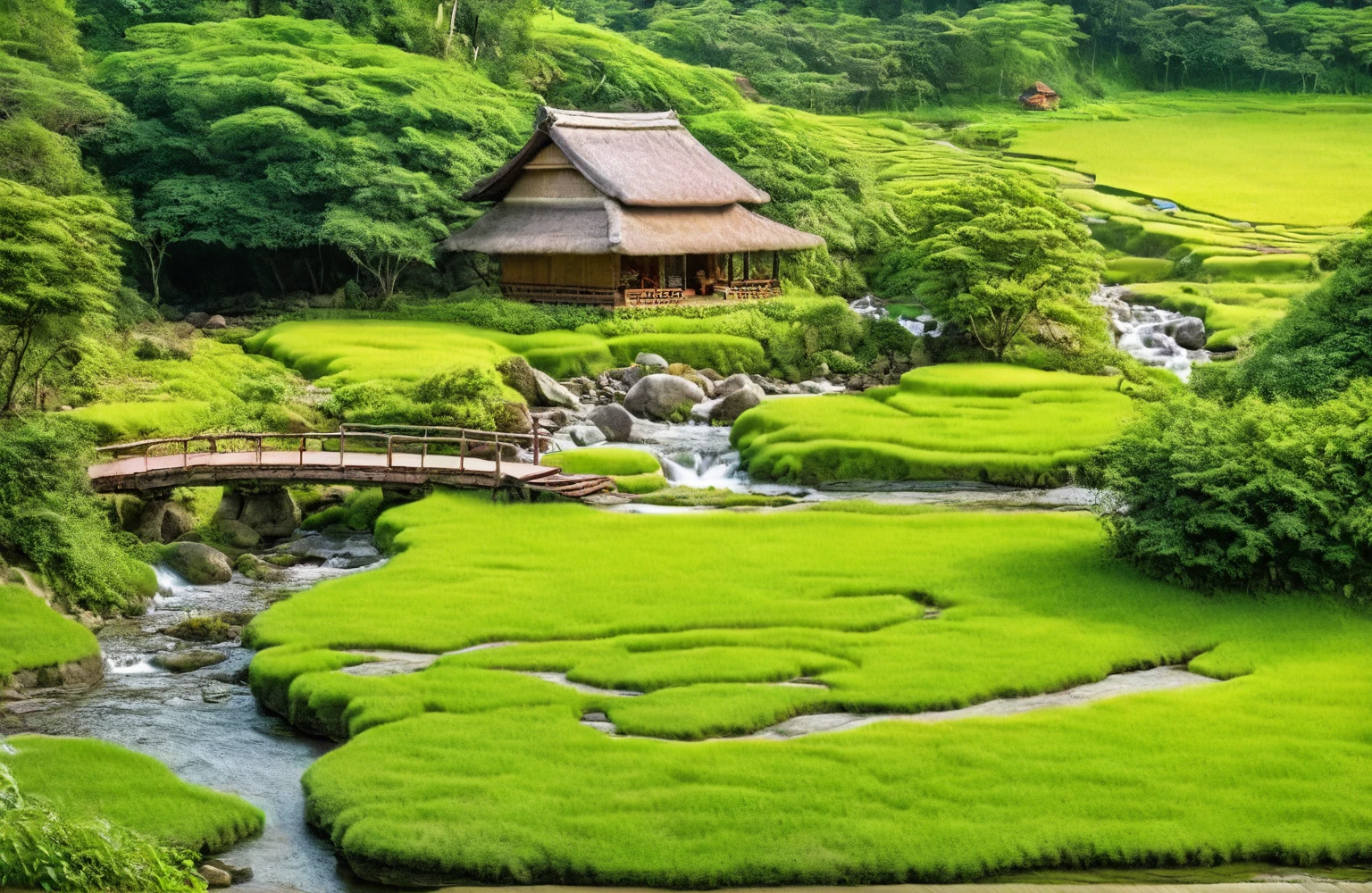 A serene rural landscape with traditional Asian architecture nestled within a lush, hilly terrain. The scene includes two thatched-roof houses elevated on stilts, surrounded by dense forest and rolling hills. A winding stream flows through the center, crossed by a charming wooden bridge. Near the stream, there are small tables with umbrellas, offering a peaceful spot to relax and enjoy the natural beauty. Large boulders and a variety of plant life, including tall trees and shrubs