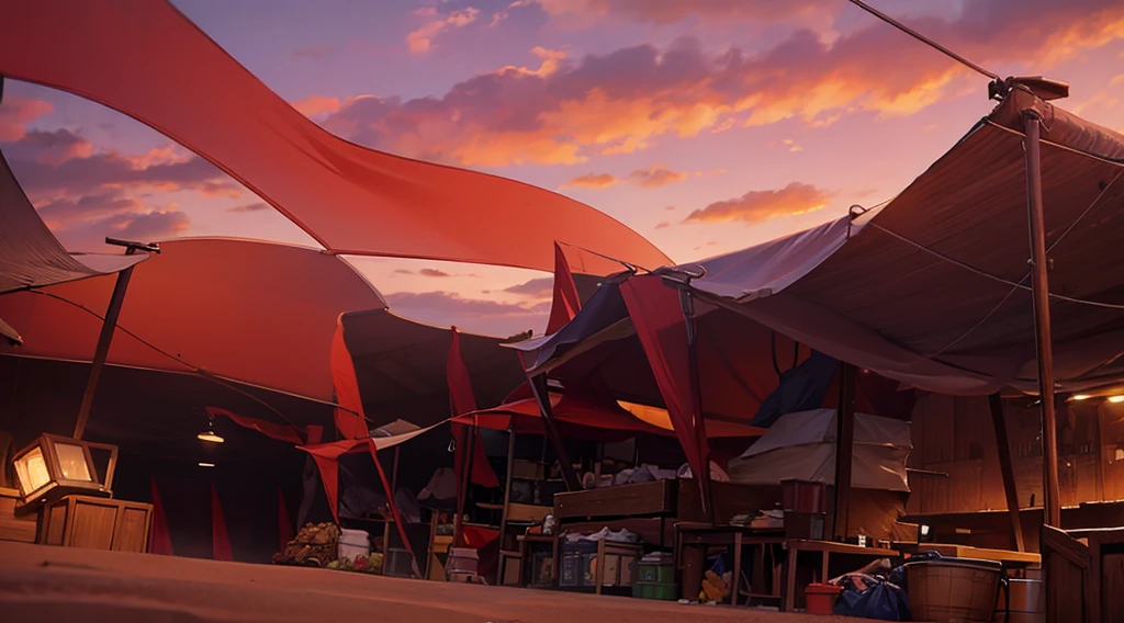 traditional market, (market stalls, market tents, canopies, tarp canopy), butchery, wooden boxes, wooden basket, wire,, sand ground, dawn sky, dark morning, low angle, 
