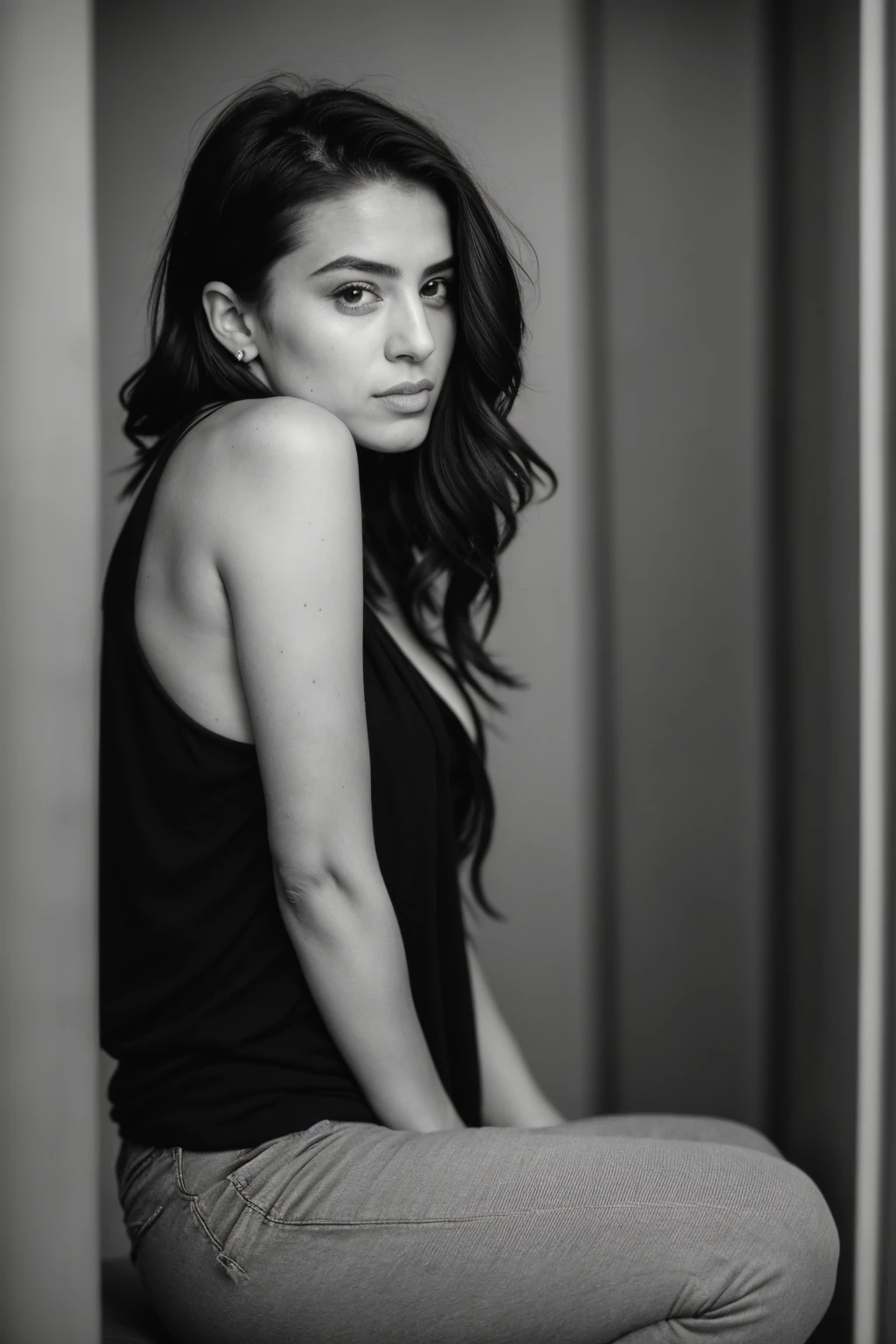 RAW photo,dark,moody,hazy atmosphere,35mm focal lenght,underexposed,cold,candid photograph,artistic,full body,photo of a beautiful,influencer,30yo Kurdish woman,detailed skin,naked, looking away from viewer, thick body structure,grey background,no background, candid pose,dim room,blue light, film grain, kodak color, instagram LUT