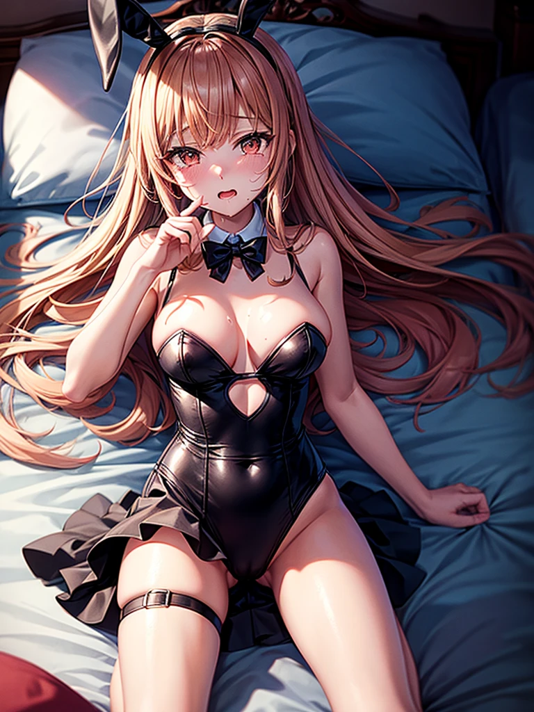Highest quality,Highest Resolution,Bunny girl drooling and crying,Dark bedroom,whole body,High Leg,