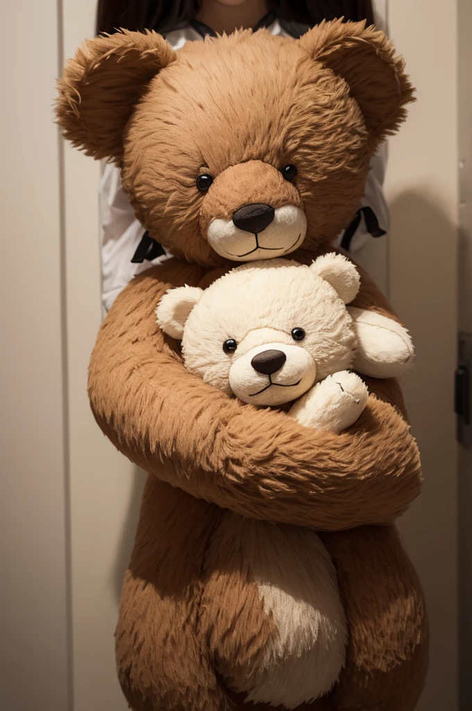 Arms of a holding a teddy bear between both hands. Climate of terror