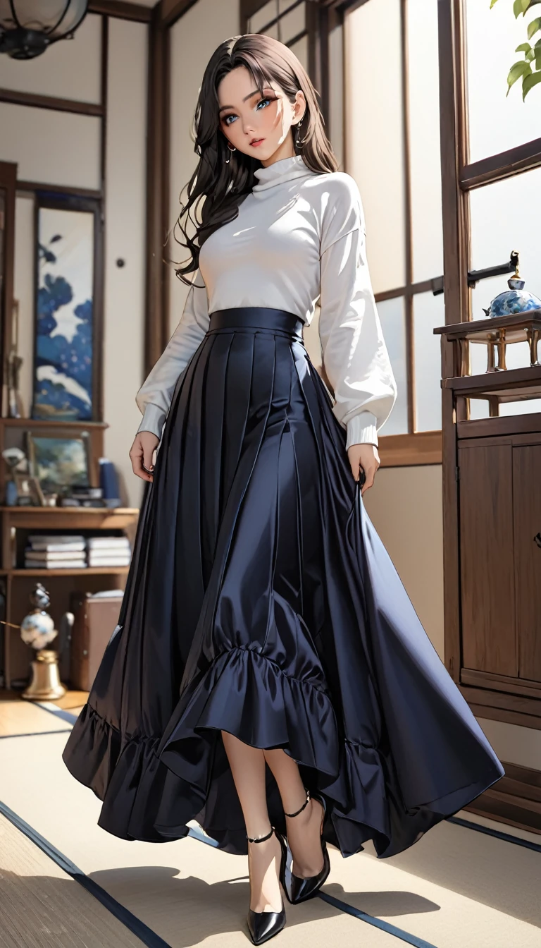 Portrait、(masterpiece,Highest quality,Ultra-high resolution),Japanese women, (((Very beautiful 25 year old girl))),Long sleeve sweater、((Satin mermaid style high waist long skirt))、The skirt is ankle-length、