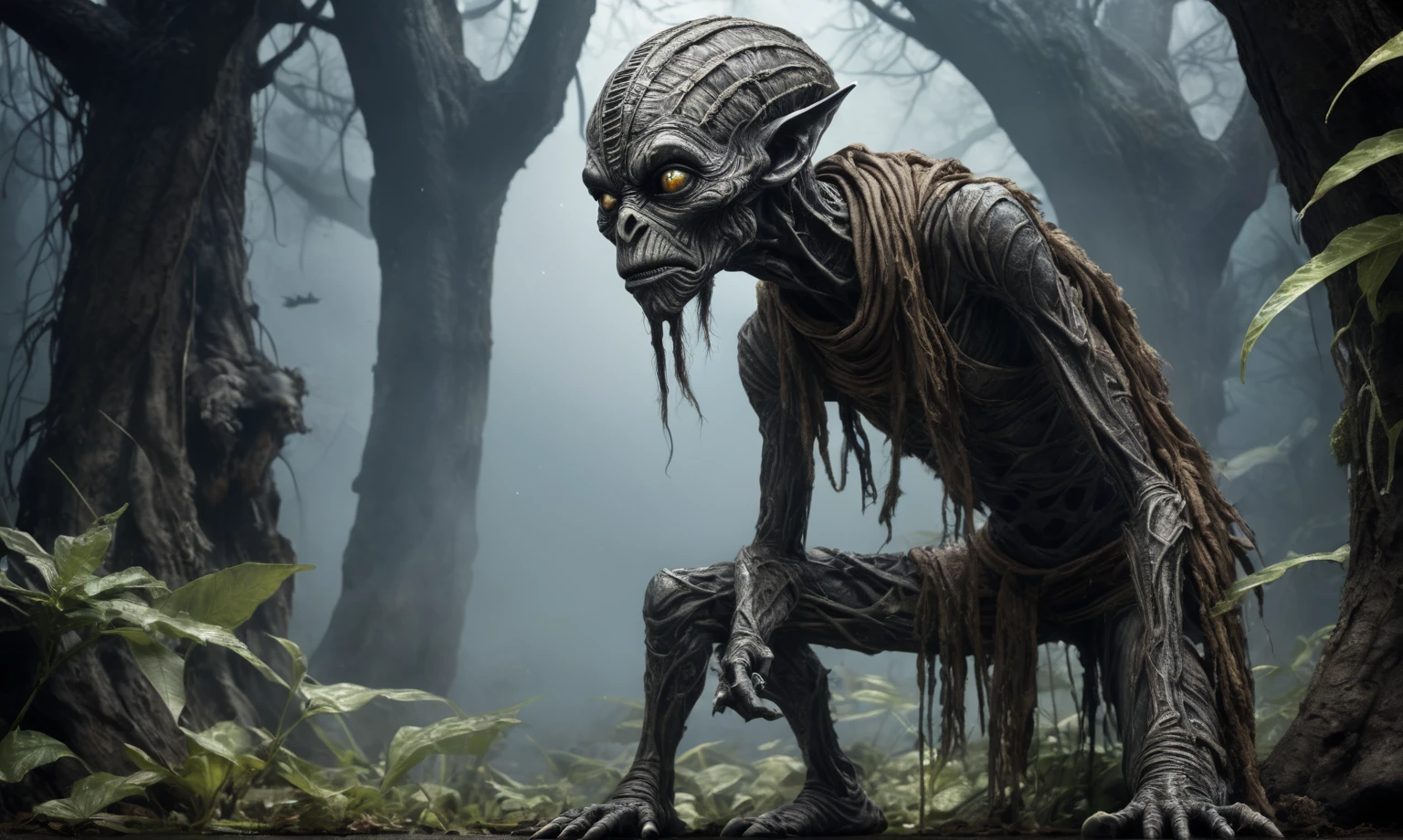 full body length shot,beggar niobium graphite mummy of Alien Entity,native africa sparas, wants eat,survival in criminal city ,Cinematic,soft colors, Technicolor,natural skin textures, hyper realism, hyper detailed,Extremely detailed,High contrast,Masterpiece,Realistic,Ultra Detailed, intricate details,realistic humid leather,extremly intricate,Epic Realistic, cinematic style, irina yermolova,high contrast,hdr,extremely detailed, deep night landscape,masterpiece, intricate details, eyes extremely detailed, high detailed eyes,8k resolution,retina, Nikon Z9,Korea,orc,perfect, Elf,transition between two art styles, Double contact, X-ray, Creative, vivid light, fantasy, Abstract, Surrealism, super detailed, high resolution, trap against fairies between trees,insanity wear