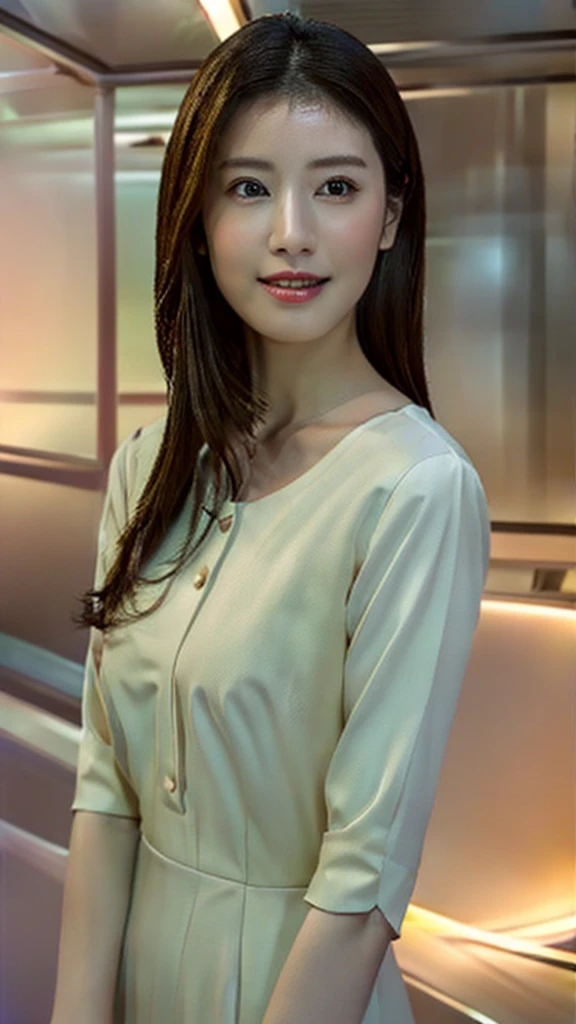 (Highest quality、high resolution、High resolution、masterpiece、8K:1.1)、One Woman、27-year-old Japanese woman、news caster、announcer、Look at you with a gentle smile、Detailed face、Detailed eyes、Natural Makeup、A ruddy face、Lifelike skin texture、((Clear photos、RAW Photos、High-definition photos:1.3))、(Nikon Z9 NIKKOR Z 50mm f/1.2 S 50mm F/11 1/40secs:1.25)、In the news studio、Television Station、News Studio、indoor、Bright lighting、She is wearing a collarless jacket over her blouse、Grey long skirt、Mid-chest、news caster