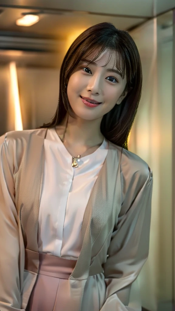 (Highest quality、high resolution、High resolution、masterpiece、8K:1.1)、One Woman、27-year-old Japanese woman、news caster、announcer、Look at you with a gentle smile、Detailed face、Detailed eyes、Natural Makeup、A ruddy face、Lifelike skin texture、((Clear photos、RAW Photos、High-definition photos:1.3))、(Nikon Z9 NIKKOR Z 50mm f/1.2 S 50mm F/11 1/40secs:1.25)、In the news studio、Television Station、News Studio、indoor、Bright lighting、She is wearing a collarless jacket over her blouse、Grey long skirt、Mid-chest、news caster